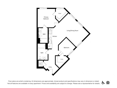 Floor plan for 2 beds, 2 baths, 1058 sqft